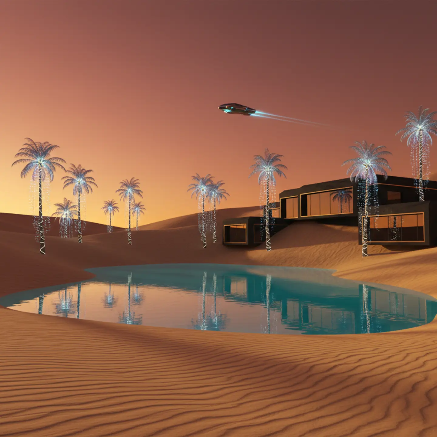A futuristic desert oasis glowing with neon cyan and deep orange sunset tones